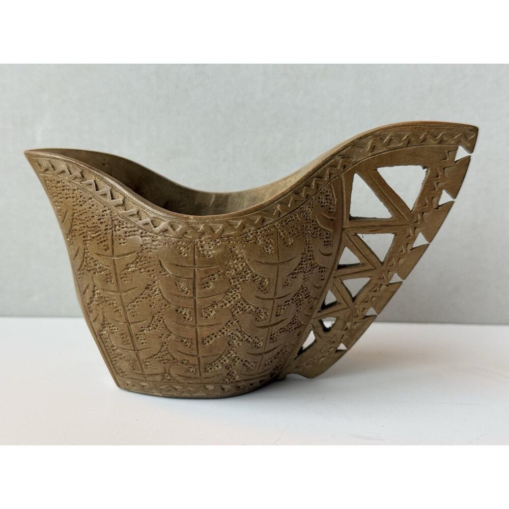 Vintage Hand Carved Wooden Cup Leaf Motif Primitive Folk Art Yugoslavian Wedding